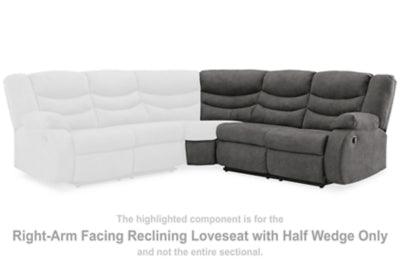 Right-Arm Facing Reclining Loveseat with Half Wedge In Solid Slate Fabric