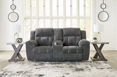 Reclining Loveseat with Console In Solid Graphite Fabric