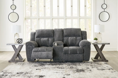 Reclining Loveseat with Console In Solid Graphite Fabric