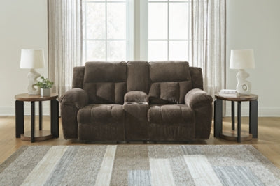 Reclining Loveseat with Console In Solid Chocolate Fabric