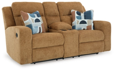 Reclining Loveseat with Console In Solid Honey Fabric