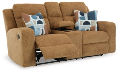 Reclining Loveseat with Console In Solid Honey Fabric
