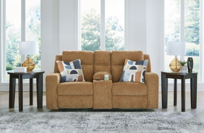 Reclining Loveseat with Console In Solid Honey Fabric