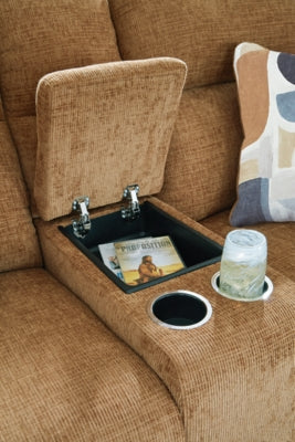 Reclining Loveseat with Console In Solid Honey Fabric