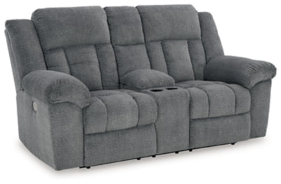Power Reclining Loveseat In Solid Slate Fabric