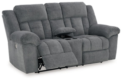 Power Reclining Loveseat In Solid Slate Fabric