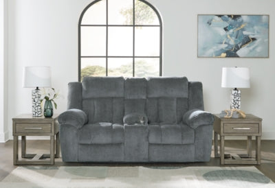 Power Reclining Loveseat In Solid Slate Fabric