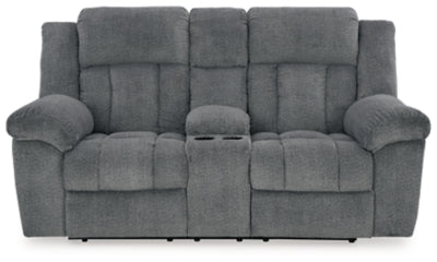 Power Reclining Loveseat In Solid Slate Fabric