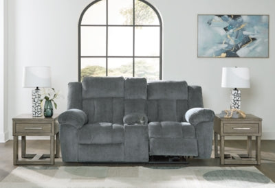 Power Reclining Loveseat In Solid Slate Fabric