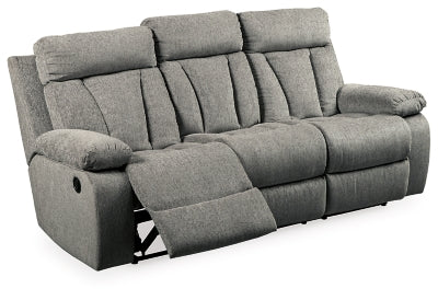 Reclining Sofa with Drop Down Table In Solid Fog Fabric