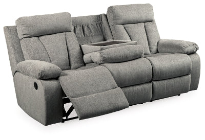 Reclining Sofa with Drop Down Table In Solid Fog Fabric