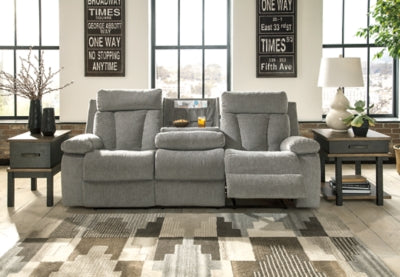 Reclining Sofa with Drop Down Table In Solid Fog Fabric