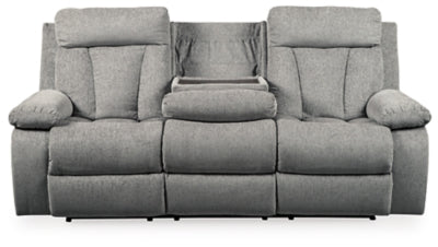 Reclining Sofa with Drop Down Table In Solid Fog Fabric