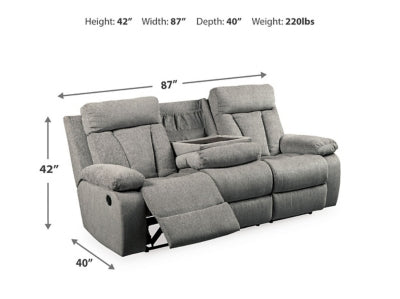 Reclining Sofa with Drop Down Table In Solid Fog Fabric