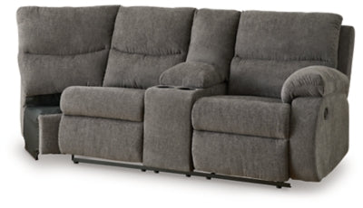 Right-Arm Facing Reclining Loveseat with Console In Solid Pewter Fabric