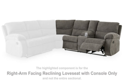 Right-Arm Facing Reclining Loveseat with Console In Solid Pewter Fabric