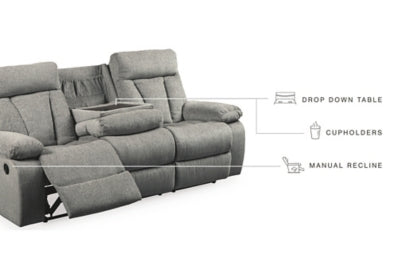 Reclining Sofa with Drop Down Table In Solid Fog Fabric
